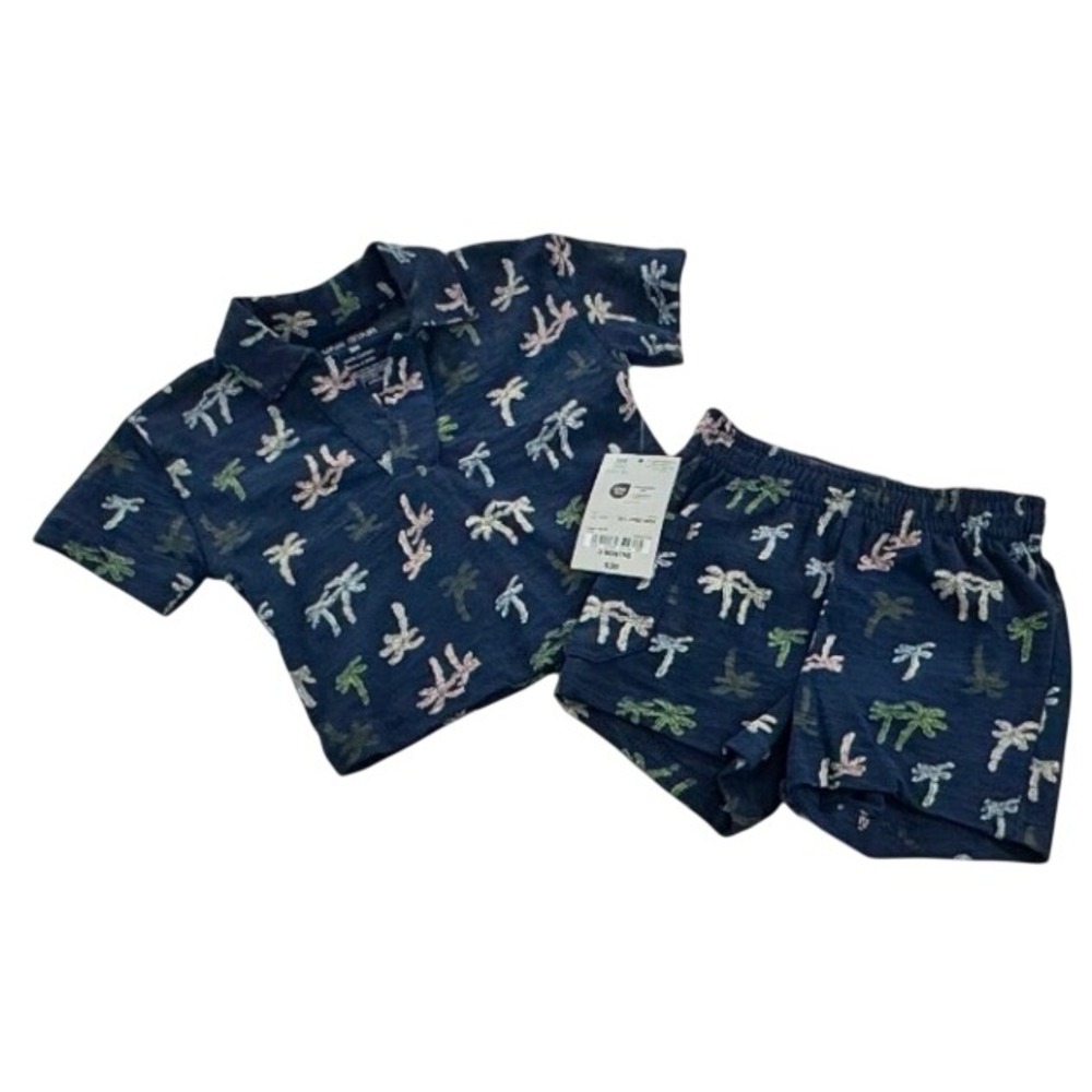 Okie Dokie Baby 3M 2pc Set Navy Blue Palm Tree Shirt Shorts